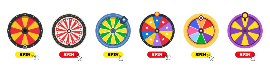 Set of fortune wheels with spin button for online casino. Vector lottery wheel collection